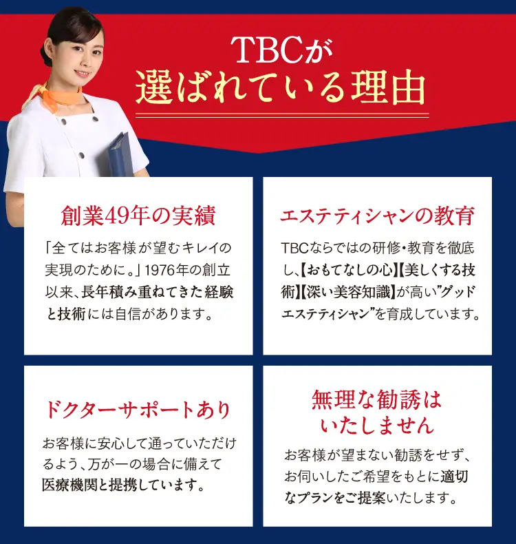 TBCが
選ばれている理由
創業49年の実績
「全てはお客様が望むキレイの
実現のために。」 1976年の創立
以来、長年積み重ねてきた経験
と技術には自信があります。
エステティシャンの教育
TBCならではの研修・教育を徹底
し、【おもてなしの心】【美しくする技
術】【深い美容知識】が高い”グッド
エステティシャン”を育成しています。
ドクターサポートあり
お客様に安心して通っていただけ
るよう、万が一の場合に備えて
医療機関と提携しています。
無理な勧誘は
いたしません
お客様が望まない勧誘をせず、
お伺いしたご希望をもとに適切
なプランをご提案いたします。