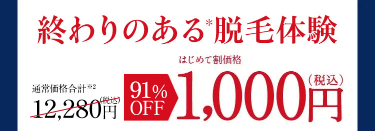 終わりのある脱毛体験
通常価格合計 ※2
はじめて割価格
12,280円 31,000円