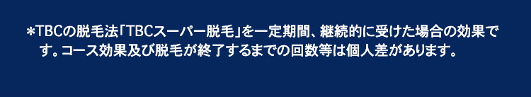 ＊TBCの脱毛法「TBCスーパー脱毛」を一定期間、継続的に受けた場合の効果です。コース効果及び脱毛が終了するまでの回数等は個人差があります。