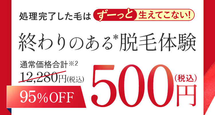 処理完了した毛はずーっと生えてこない!
終わりのある脱毛体験
通常価格合計※2
12,280円(税込)
95%OFF
(税込)
500円