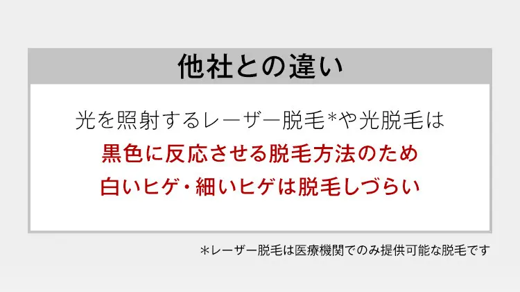 他社との違い
光を照射するレーザー脱毛や光脱毛は
毛の黒い色素に光を反応させるため
白いヒゲ・細いヒゲは脱毛しづらい