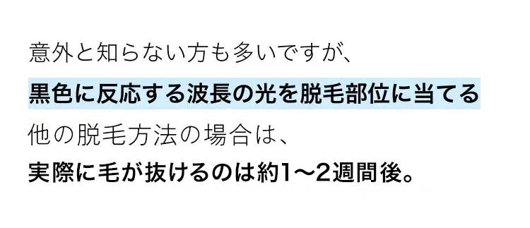 意外と知らない方も多いですが、
黒色に反応する波長の光を脱毛部位に当てる
他の脱毛方法の場合は、
実際に毛が抜けるのは約1~2週間後。