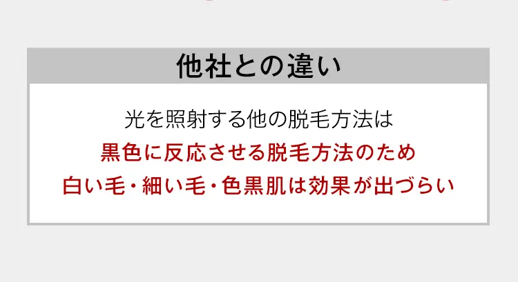 他社との違い
光を照射する他の脱毛方法は
黒色に反応させる脱毛方法のため
白い毛・細い毛・色黒肌は効果が出づらい