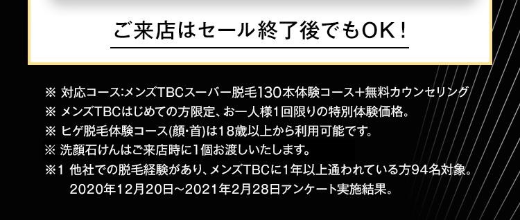ご来店はセール終了後でもOK!
※ 対応コース:メンズTBCスーパー脱毛130本体験コース+無料カウンセリング
※ メンズTBCはじめての方限定、 お一人様1回限りの特別体験価格。
※ヒゲ脱毛体験コース (顔・首)は18歳以上から利用可能です。
※洗顔石けんはご来店時に1個お渡しいたします。
※1 他社での脱毛経験があり、 メンズTBCに1年以上通われている方94名対象。
2020年12月20日 ~ 2021年2月28日アンケート実施結果。