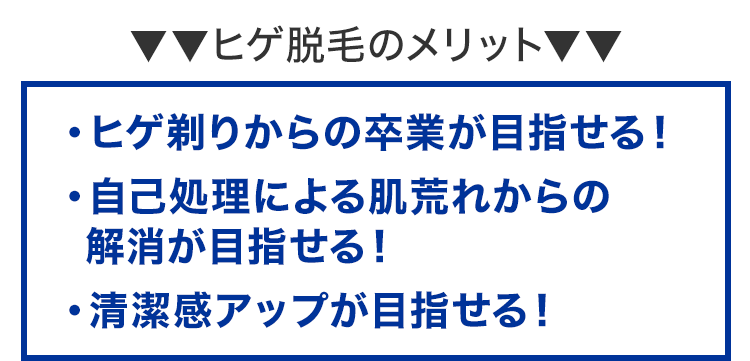 ヒゲ脱毛のメリット ・ヒゲ剃りからの卒業が目指せる！　・自己処理による肌荒れからの解消が目指せる！ ・清潔感アップが目指せる！