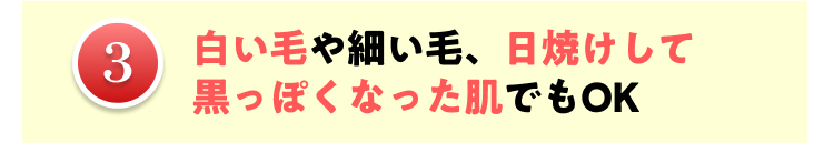 3 白い毛や細い毛、日焼けして
黒っぽくなった肌でもOK