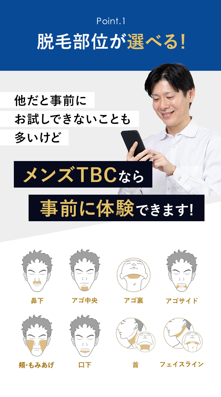 Point.1
脱毛部位が選べる!
他だと事前に
お試しできないことも
多いけど
メンズTBCなら
事前に体験できます!
鼻下
アゴ中央
アゴ裏
アゴサイド
・もみあげ
口下
首
フェイスライン