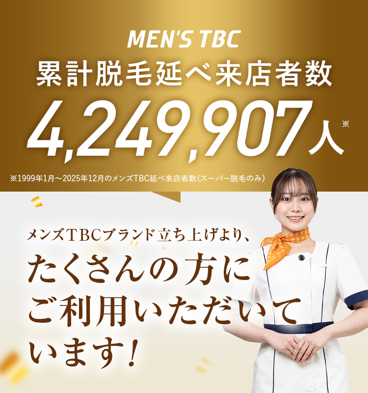 MEN'S TBC
累計脱毛延べ来店者数
4,249,907x
1999年1月~2025年12月のメンズTBC延べ来店者数(スーパー脱毛のみ)
メンズTBCブランド立ち上げより、
たくさんの方に
ご利用いただいて
います!