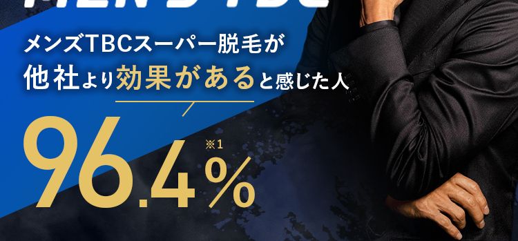 「脱毛効果 で
選ぶなら
MEN'S TBC
メンズTBCスーパー脱毛が
他社より効果があると感じた人
96.4%