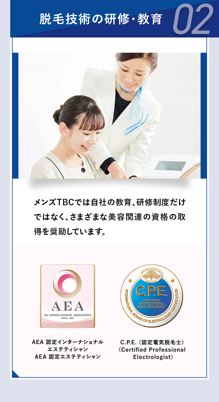 脱毛技術の研修・教育
02
メンズTBCでは自社の教育、研修制度だけ
ではなく、 さまざまな美容関連の資格の取
得を奨励しています。
AEA
ALL NIPPON ESTHETIC ASSOCIATION
SINCE 1987
AMERICAN ELECTROLOGY
C.PE.
CERTIFIED
PROFESSIONAL
ELECTROLOGIST
INTERNATIONAL
FELECTROLOGIST CERTI
IL BOARD C
O OF
AEA 認定インターナショナル
エステティシャン
AEA 認定エステティシャン
C.P.E. (認定電気脱毛士)
(Certified Professional
Electrologist)