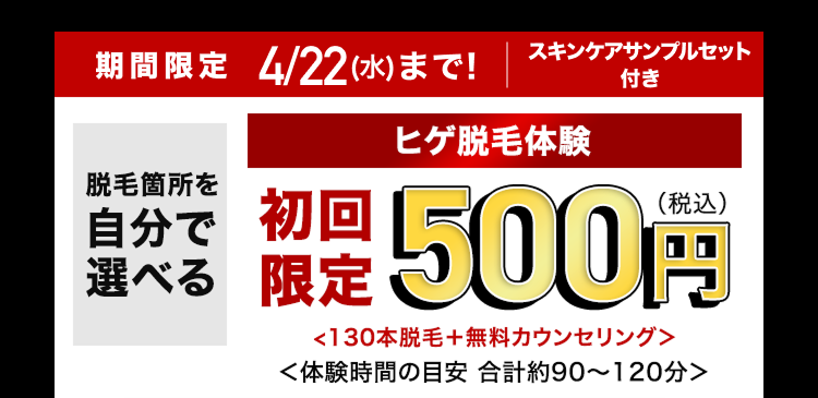 期間限定 4/22(水)まで!
脱毛箇所を
自分で
選べる
スキンケアサンプルセット
付き
ヒゲ脱毛体験
限定500円
<130本脱毛+ 無料カウンセリング>
<体験時間の目安 合計約90~120分>