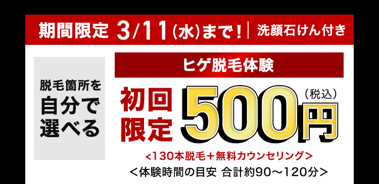期間限定 3/11 (水) まで! 洗顔石けん付き
脱毛箇所を
自分で
選べる
ヒゲ脱毛体験
限定500円
<130本脱毛+ 無料カウンセリング>
<体験時間の目安 合計約90~120分>