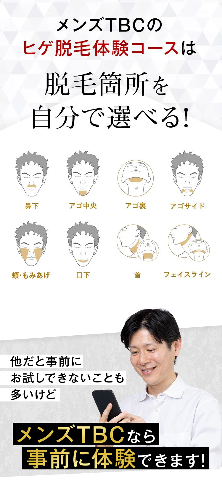 メンズTBCの
ヒゲ脱毛体験コースは
脱毛箇所を
自分で選べる!
鼻下
アゴ中央
アゴ裏
アゴサイド
・もみあげ
口下
首
フェイスライン
他だと事前に
お試しできないことも
多いけど
メンズTBCなら
事前に体験できます!
