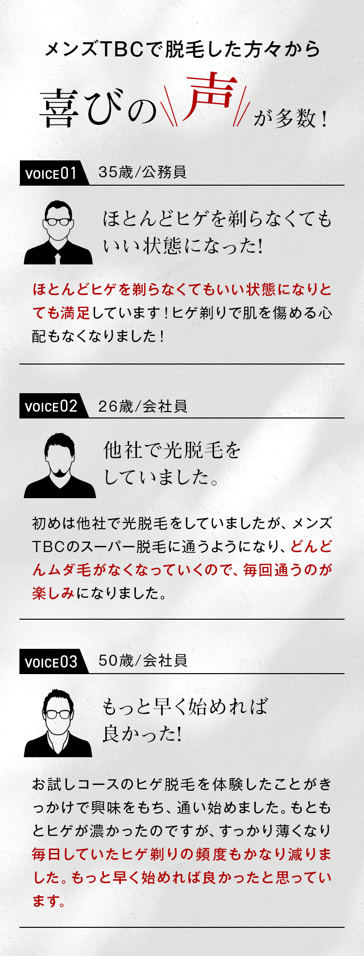メンズTBCで脱毛した方々から喜びの声が多数！