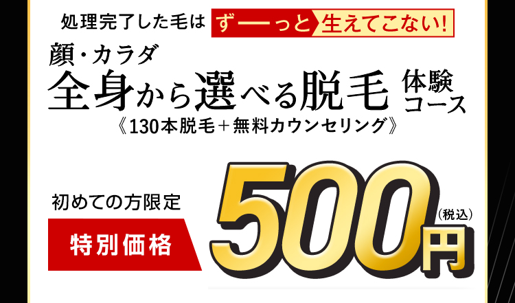 処理完了した毛はずっと生えてこない!
顔・カラダ
全身から選べる脱毛体験
《 130本脱毛+ 無料カウンセリング》
初めての方限定
特別価格
500円
(税込)
