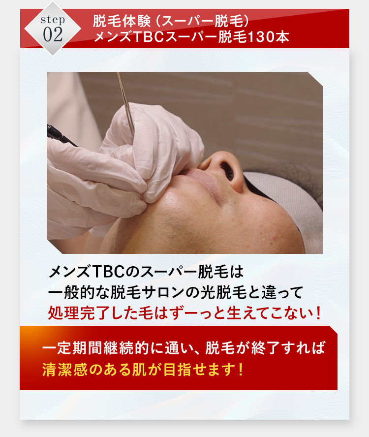 step 脱毛体験 (スーパー脱毛)
02
メンズTBCスーパー脱毛130本
メンズTBCのスーパー脱毛は
一般的な脱毛サロンの光脱毛と違って
処理完了した毛はずーっと生えてこない!
一定期間継続的に通い、脱毛が終了すれば
清潔感のある肌が目指せます!